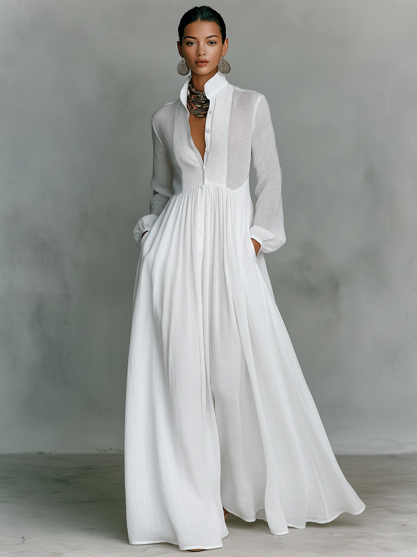Women's Cotton And Linen Patchwork Single-breasted Stand-up Collar Long-sleeved Maxi Dress