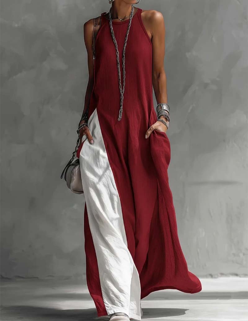 🔥2026 New Arrivals🔥Women's Cotton Linen Asymmetric Sleeveless Color-block Side Slit Maxi Dress