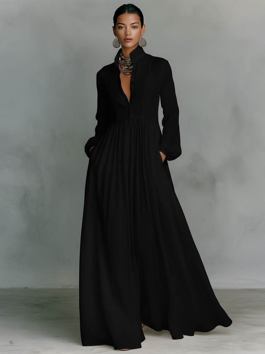 Women's Cotton And Linen Patchwork Single-breasted Stand-up Collar Long-sleeved Maxi Dress