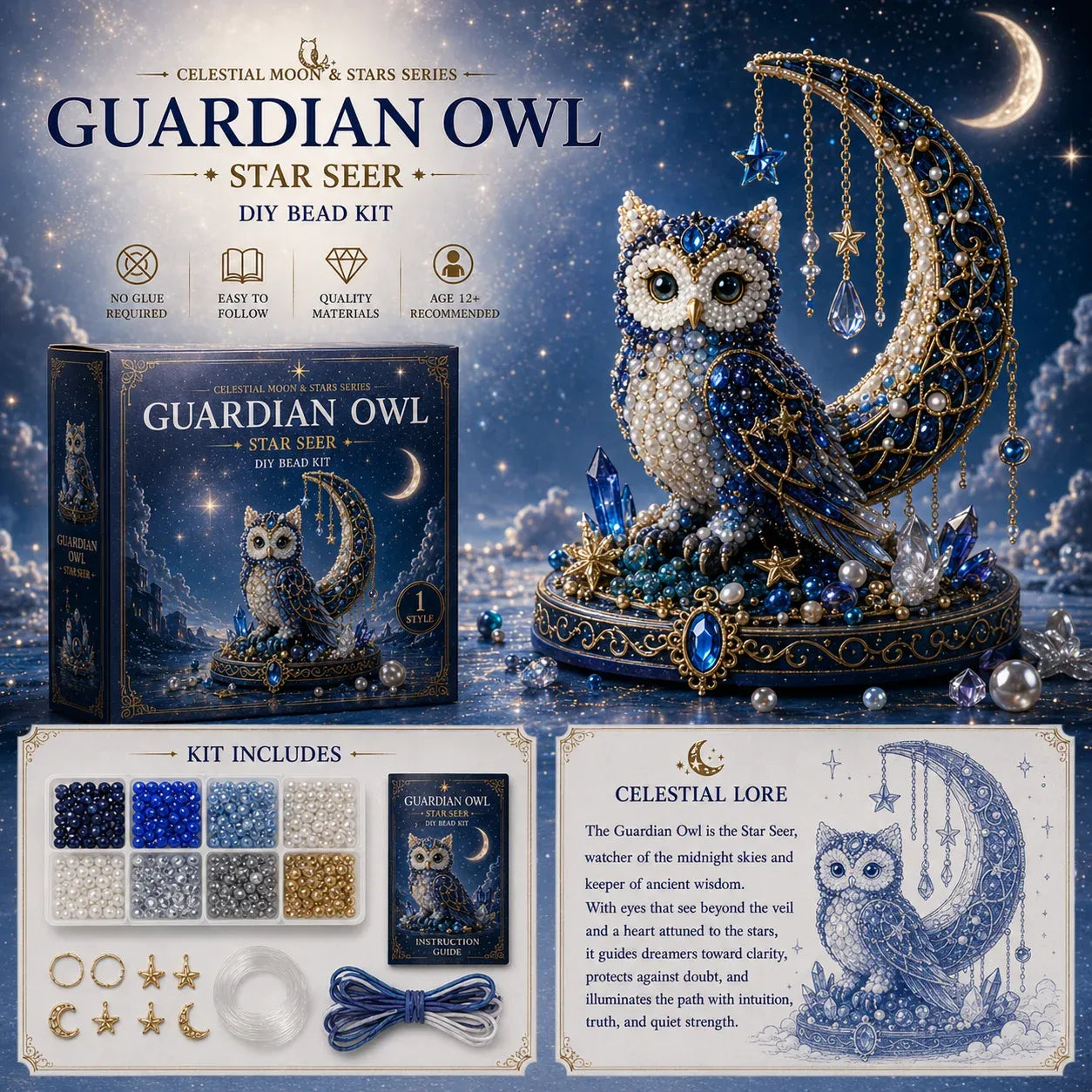 Moon Owl Guardian DIY Bead Kit | Celestial Moon & Stars Series
