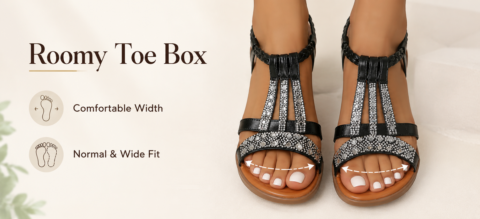 PLACEHOLDER: front-view image showing roomy toe box and comfortable sandal width