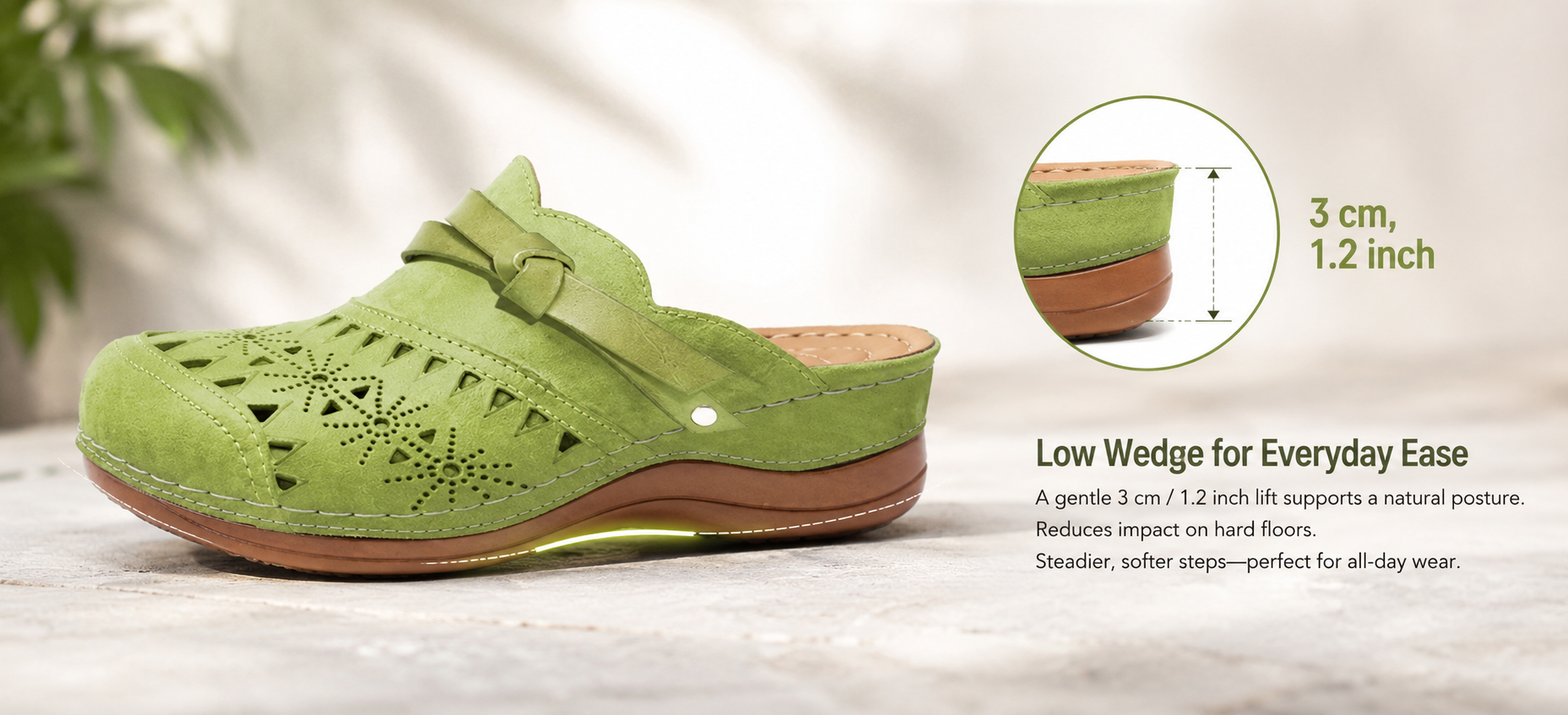 Replace with a side-view product image highlighting the low wedge heel and sole profile