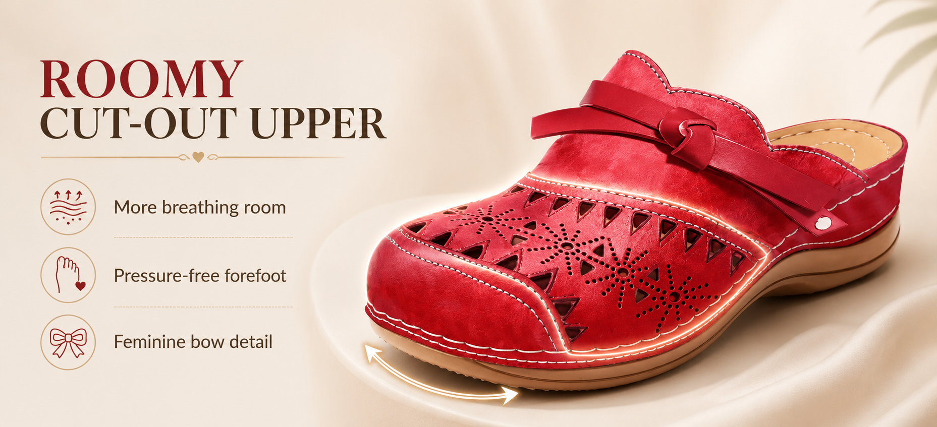 Replace with a close-up image showing the roomy cut-out upper and bowknot detail on the sandal