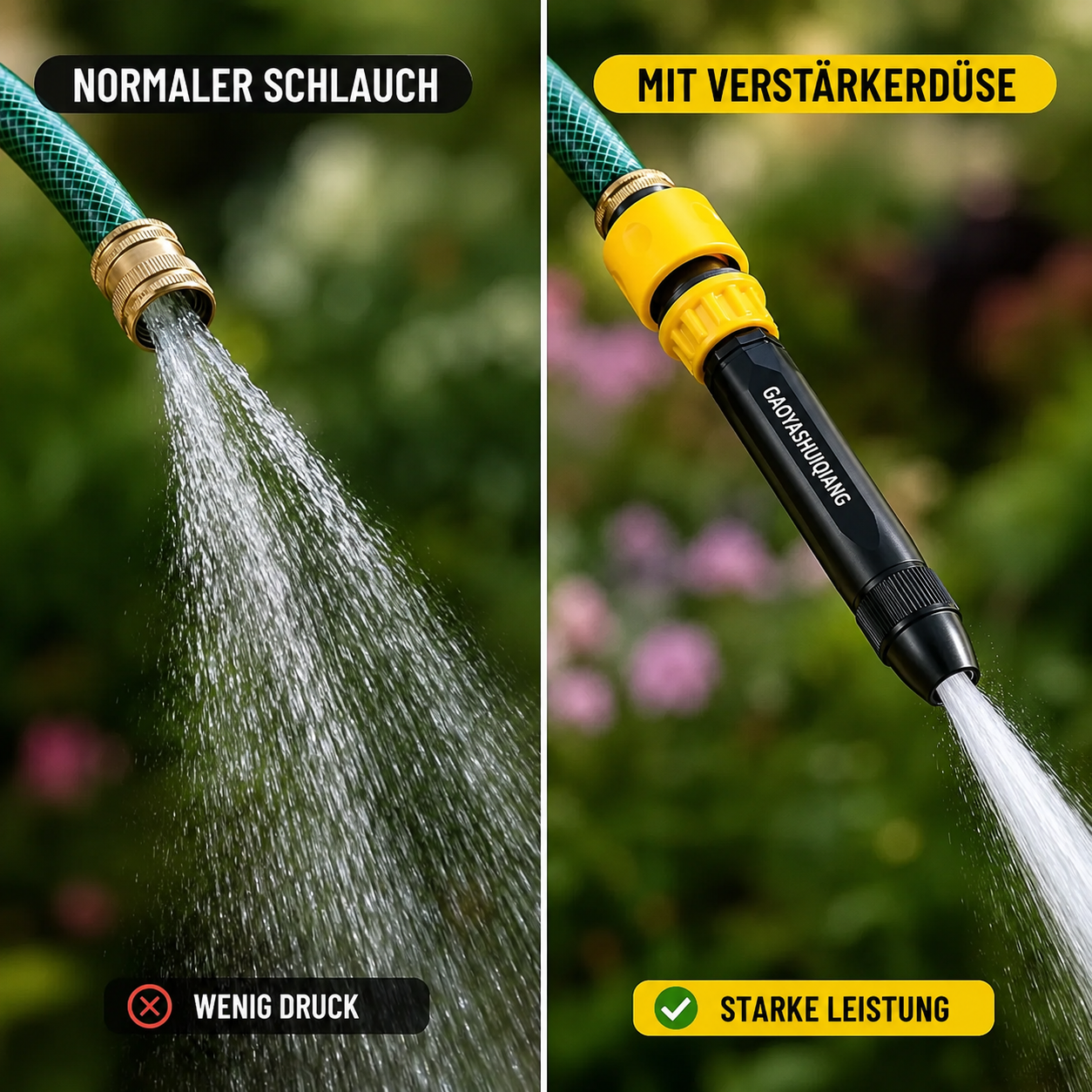 Bild-Platzhalter: Nahaufnahme der Druckreiniger-Düse, angeschlossen an einen Gartenschlauch