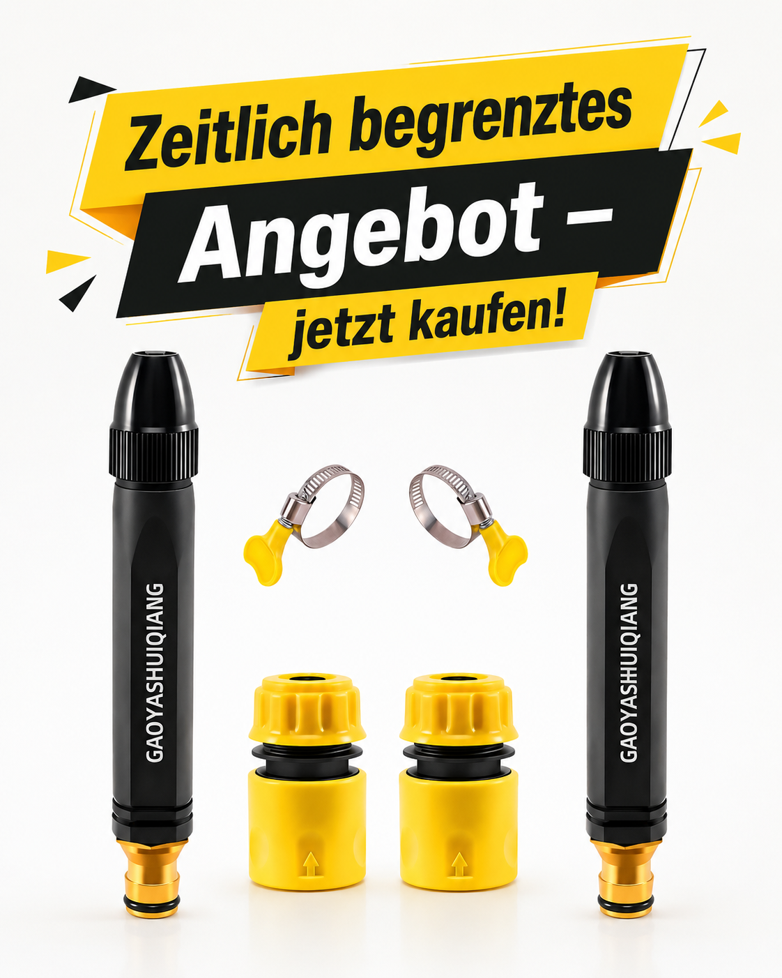 Bild-Platzhalter für zeitlich begrenztes Angebot: Produktset mit Druckreiniger, Anschluss und Anwendungsszenen