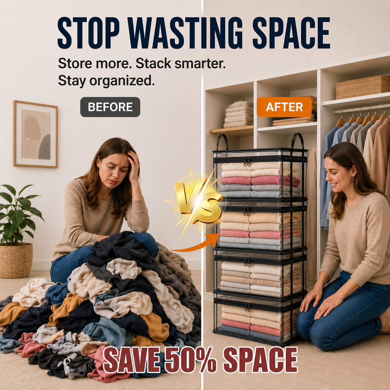 Suggested image: before-and-after closet transformation using clear 29L storage bags for clothes, blankets, and linens