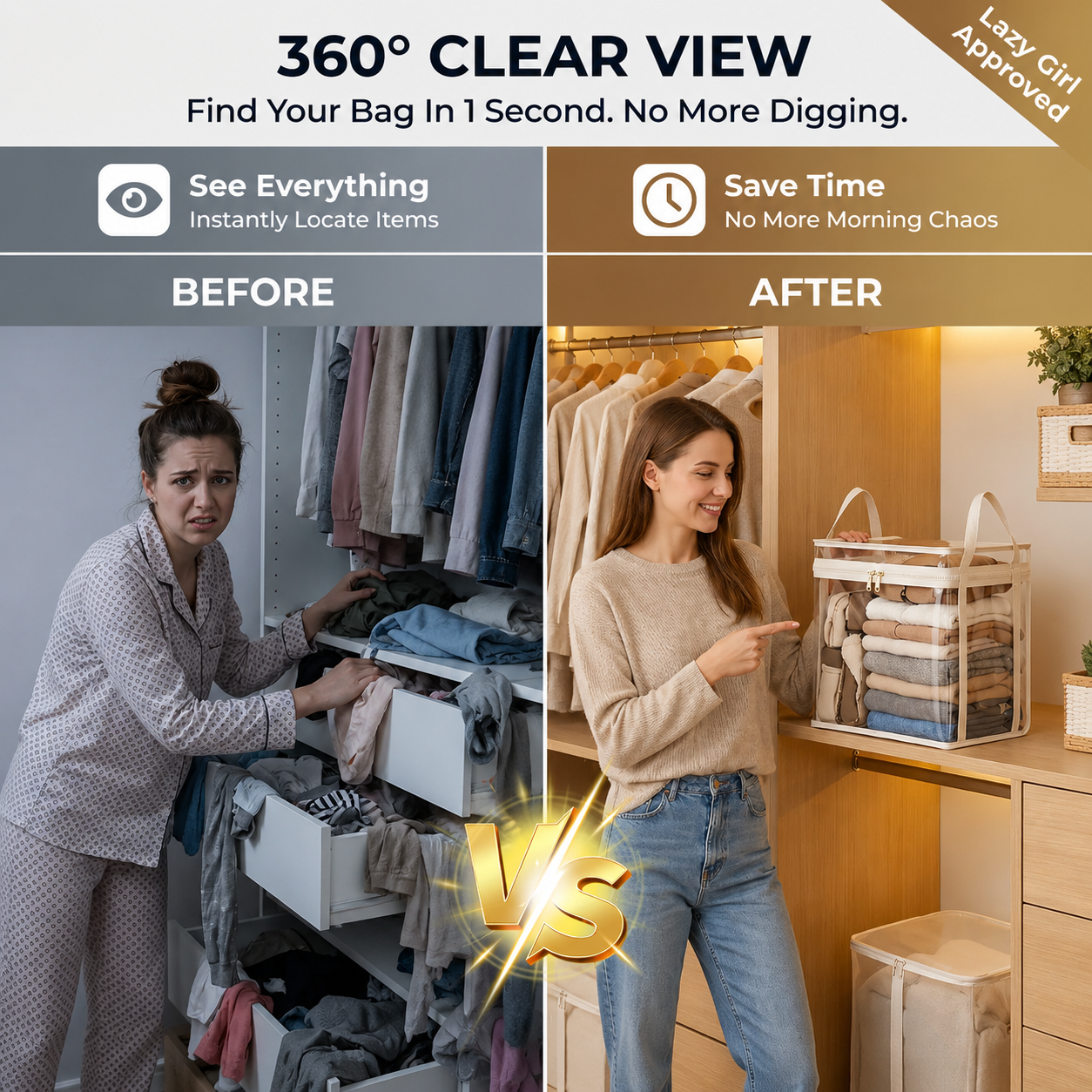 Suggested image: transparent bag window showing contents clearly so users can identify items without opening boxes