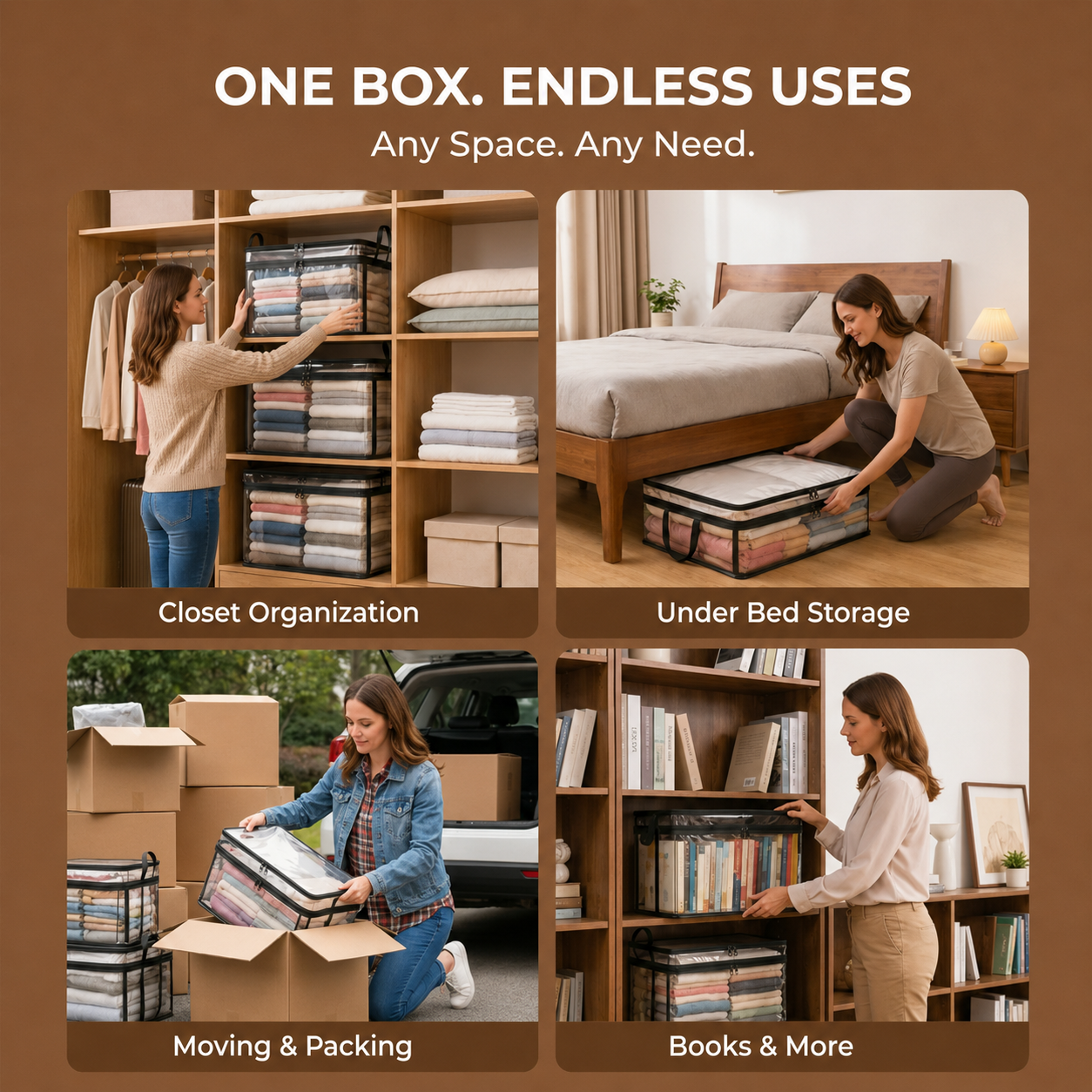 Suggested image: compact stack of 29L storage bags saving closet shelf space compared with loose piles or bulky bins