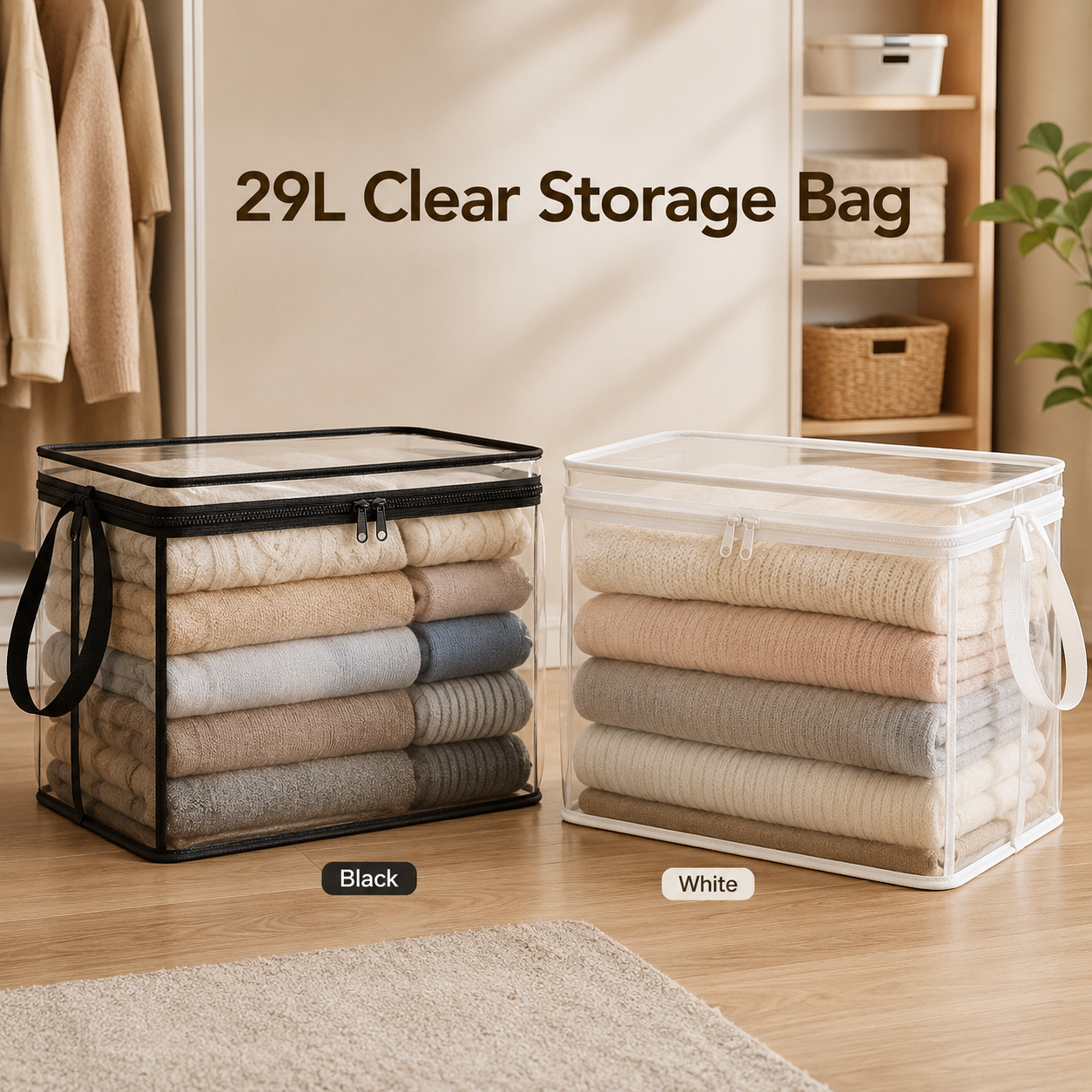 Suggested image: limited-time offer product photo showing black and white large 29L clear storage bag options