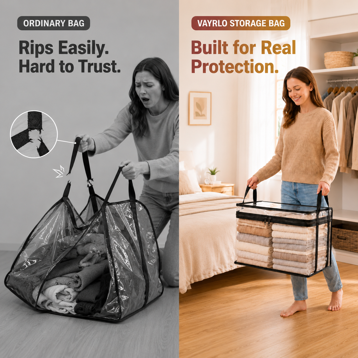 Suggested image: close-up of durable clear storage bag material, reinforced handles, zipper, and dust-proof closure