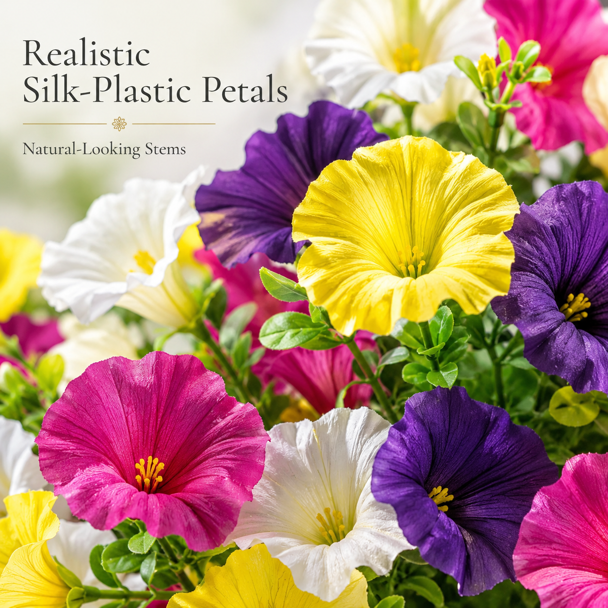 Close-up image placeholder: realistic silk-plastic petunia petals and natural-looking stems