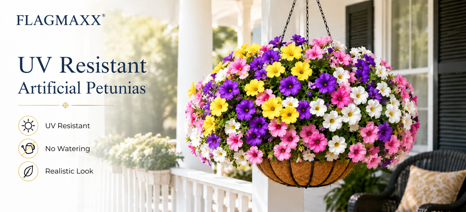 Hero image placeholder: UV Resistant Artificial Petunias Flowers arranged in hanging baskets on a bright front porch