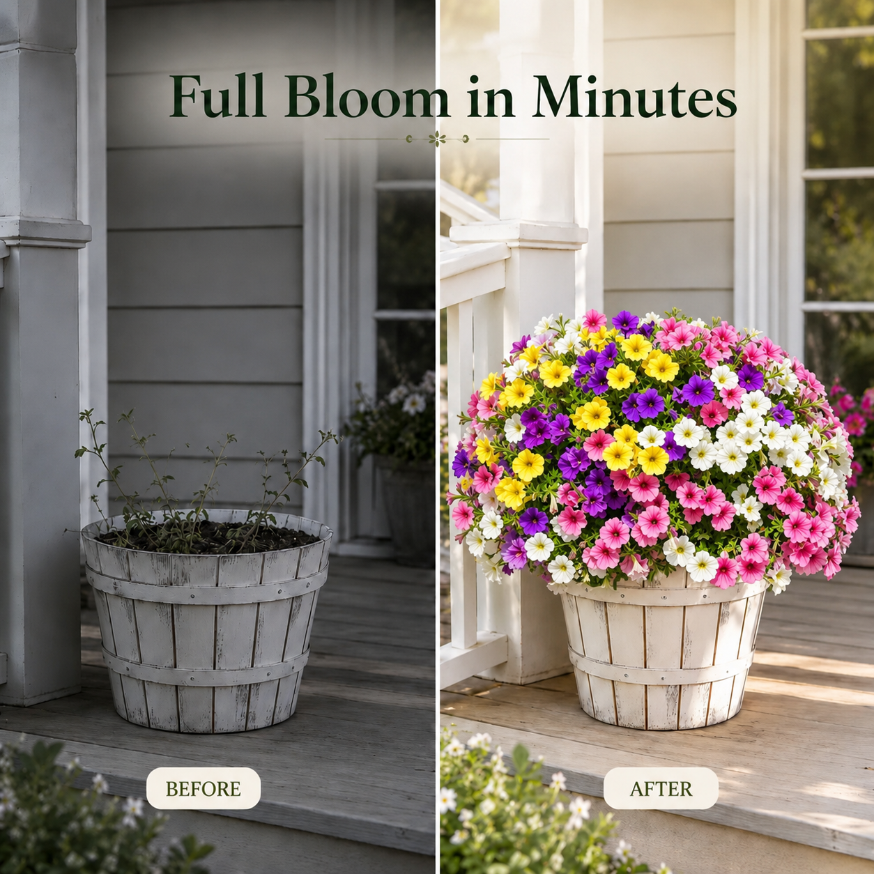 Before-and-after style image placeholder: bare porch planter transformed with full artificial petunias