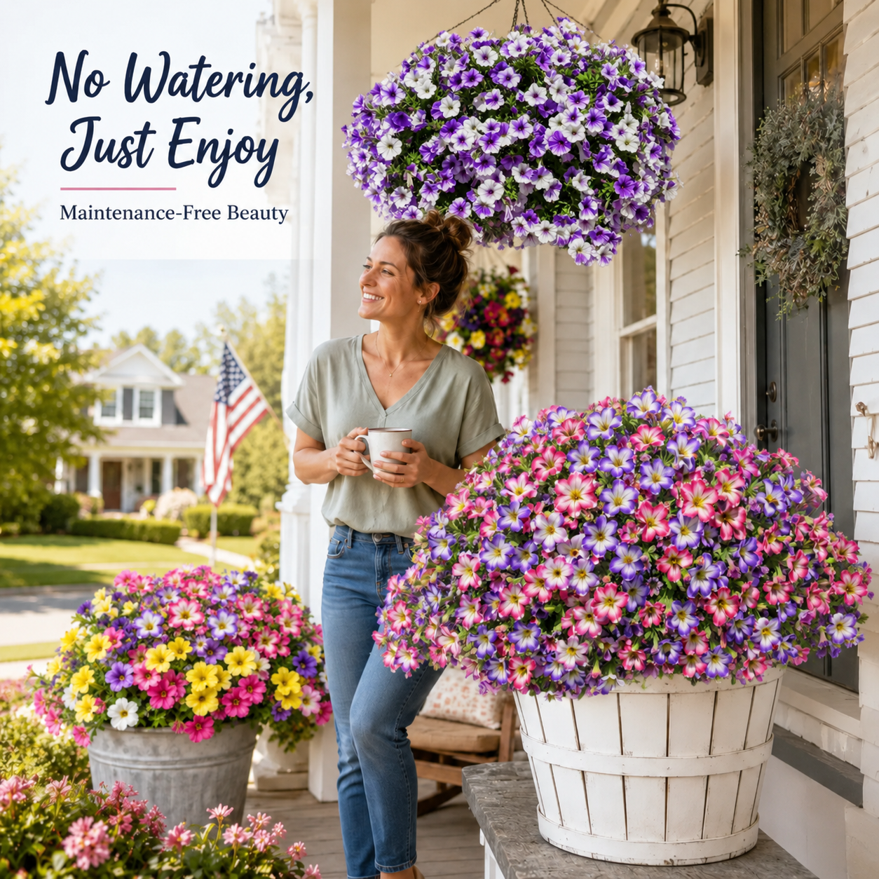 Lifestyle image placeholder: homeowner enjoying maintenance-free porch flowers with no watering