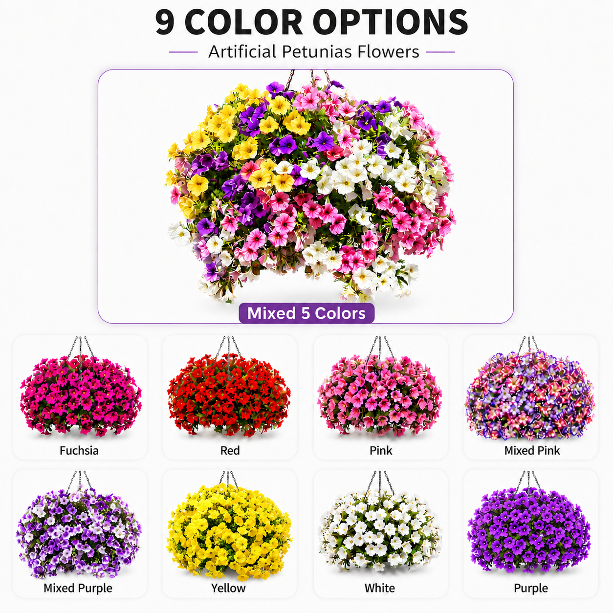 Color options image placeholder: fuchsia, red, mixed, pink, yellow, white, and purple petunia bundles