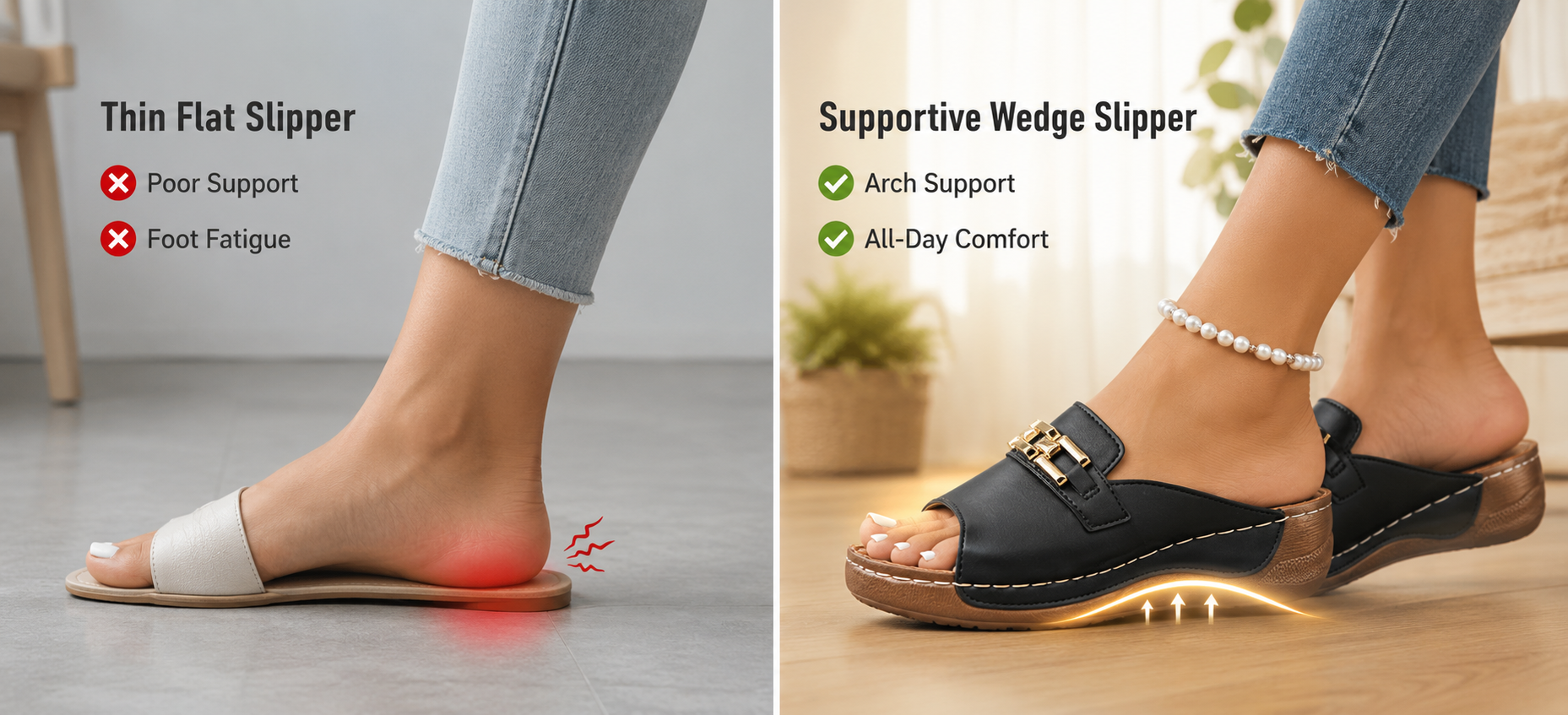 Comparison image: thin flat slipper versus thicker supportive wedge platform slipper