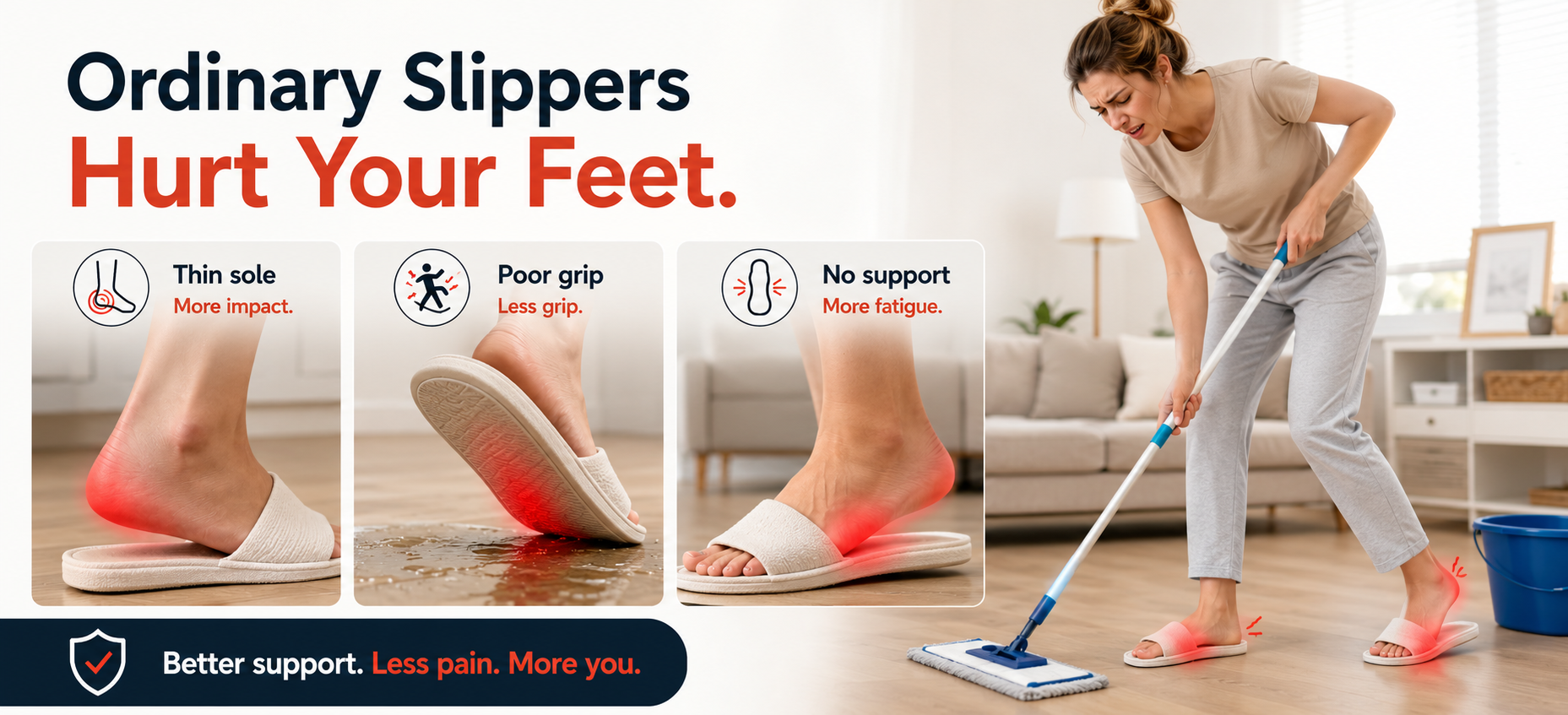Pain point image: woman standing on hard kitchen floor while wearing thin flat slippers