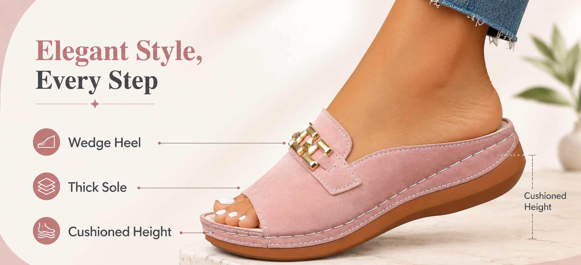 Feature image: side view showing the wedge-heeled platform sole and cushioned height
