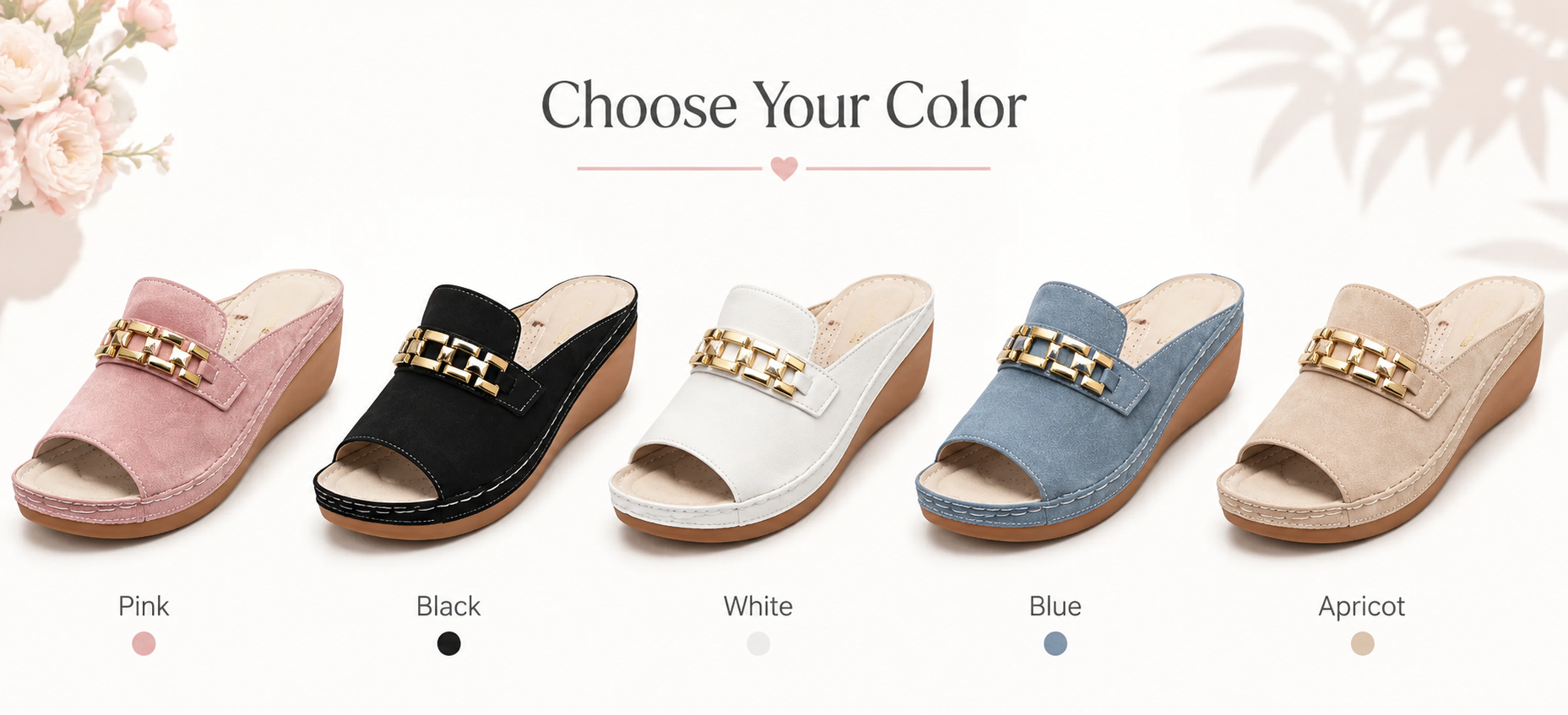 Color options image: pink, black, white, blue, and apricot wedge-heeled platform orthotic slippers