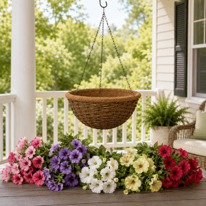 Setup image placeholder: placing artificial petunia bundles into a hanging basket or porch planter