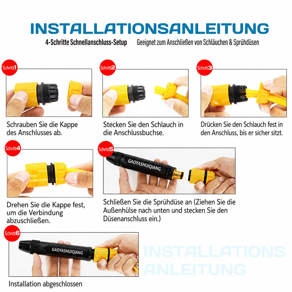 Bild-Platzhalter: kompaktes Druckreiniger-Set mit Düse, Anschluss und Schlauch-Aufbau