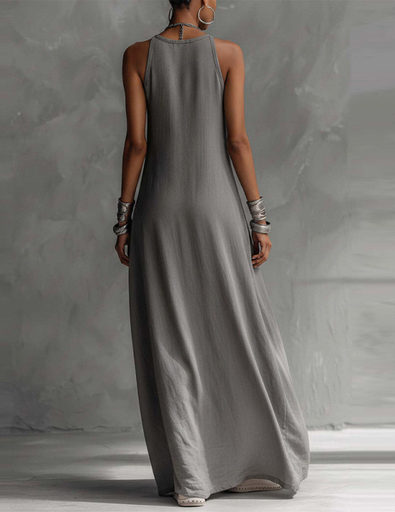 🔥2026 New Arrivals🔥Women's Cotton Linen Asymmetric Sleeveless Color-block Side Slit Maxi Dress