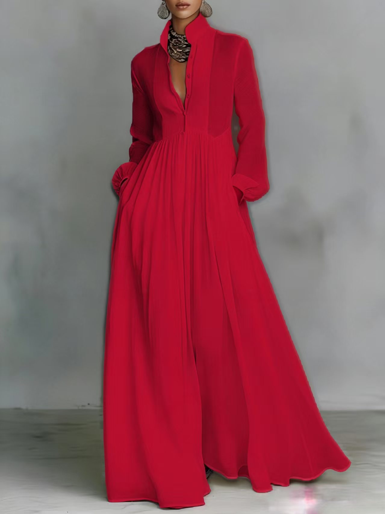 Women's Cotton And Linen Patchwork Single-breasted Stand-up Collar Long-sleeved Maxi Dress