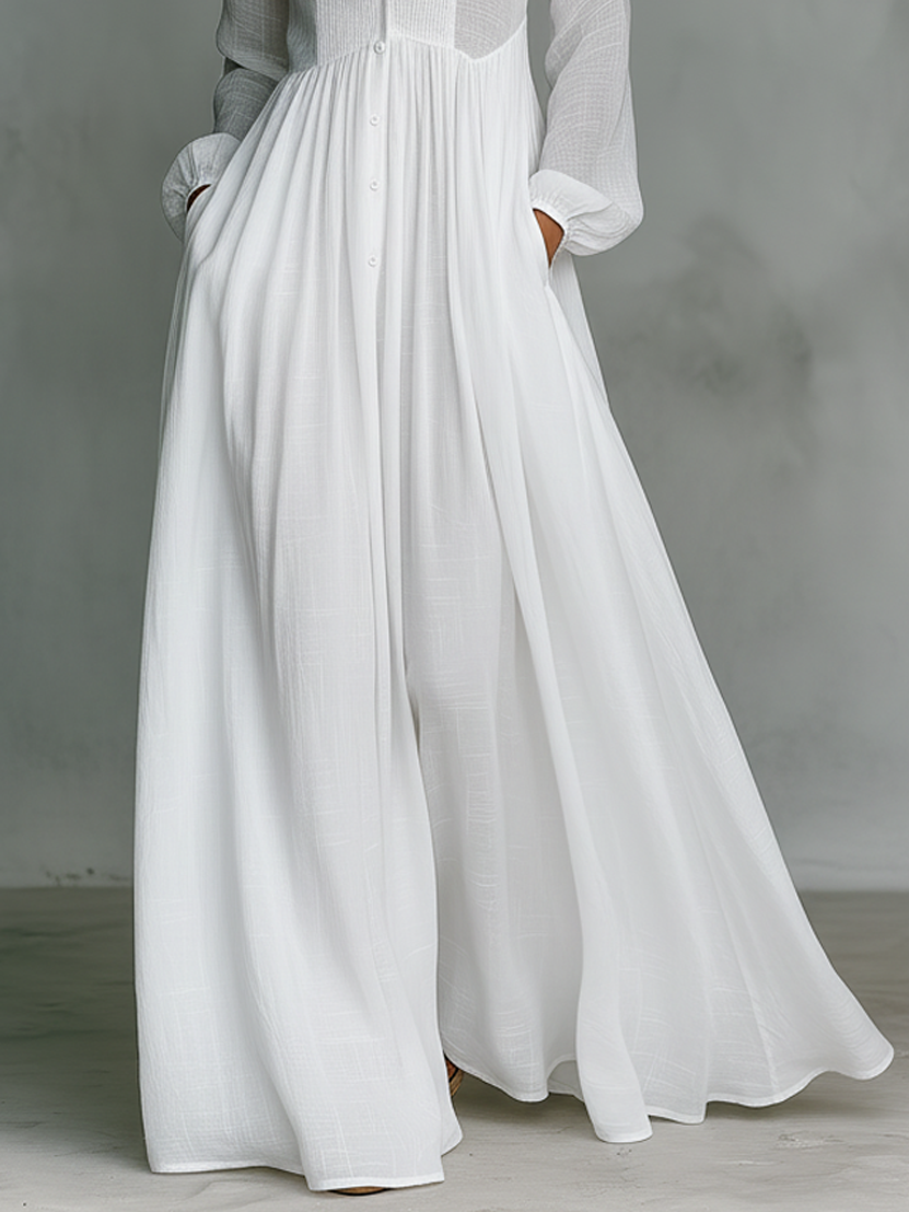 Women's Cotton And Linen Patchwork Single-breasted Stand-up Collar Long-sleeved Maxi Dress