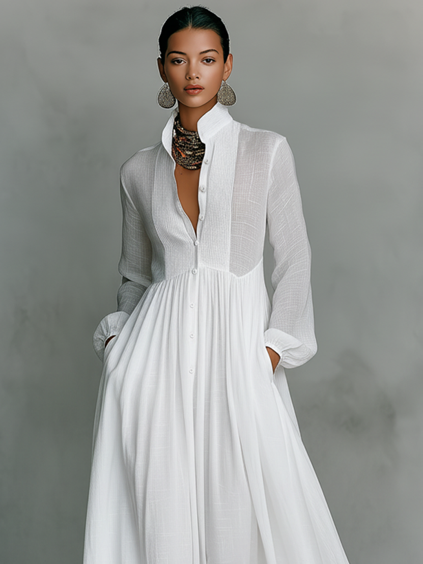Women's Cotton And Linen Patchwork Single-breasted Stand-up Collar Long-sleeved Maxi Dress