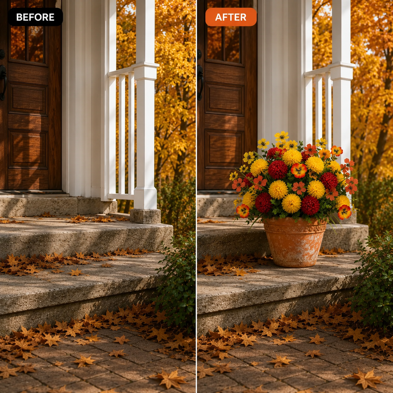 Before-and-after image showing a plain porch planter transformed with the 21-piece artificial fall flower set