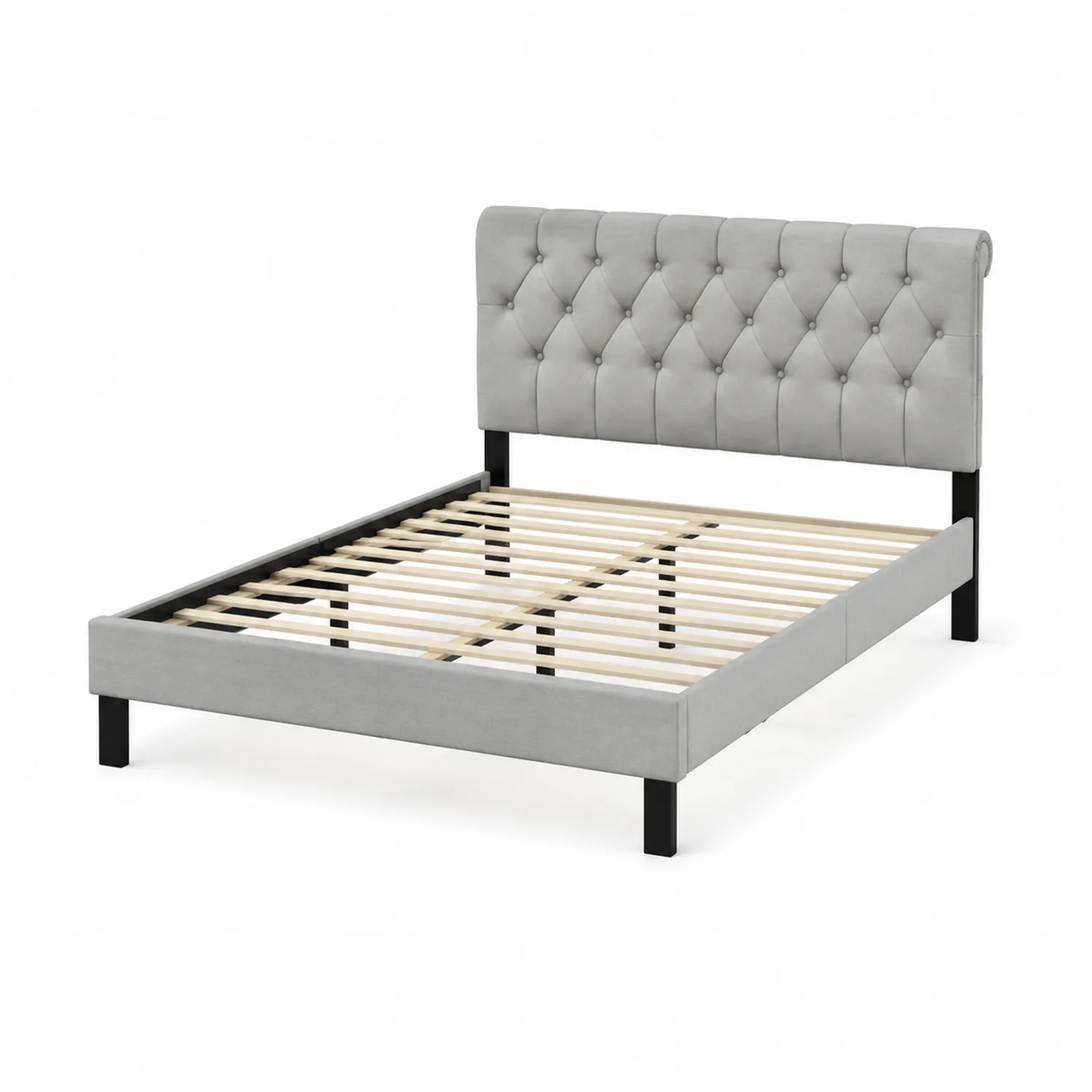 Letto matrimoniale in tessuto grigio con testiera imbottita-elvexium