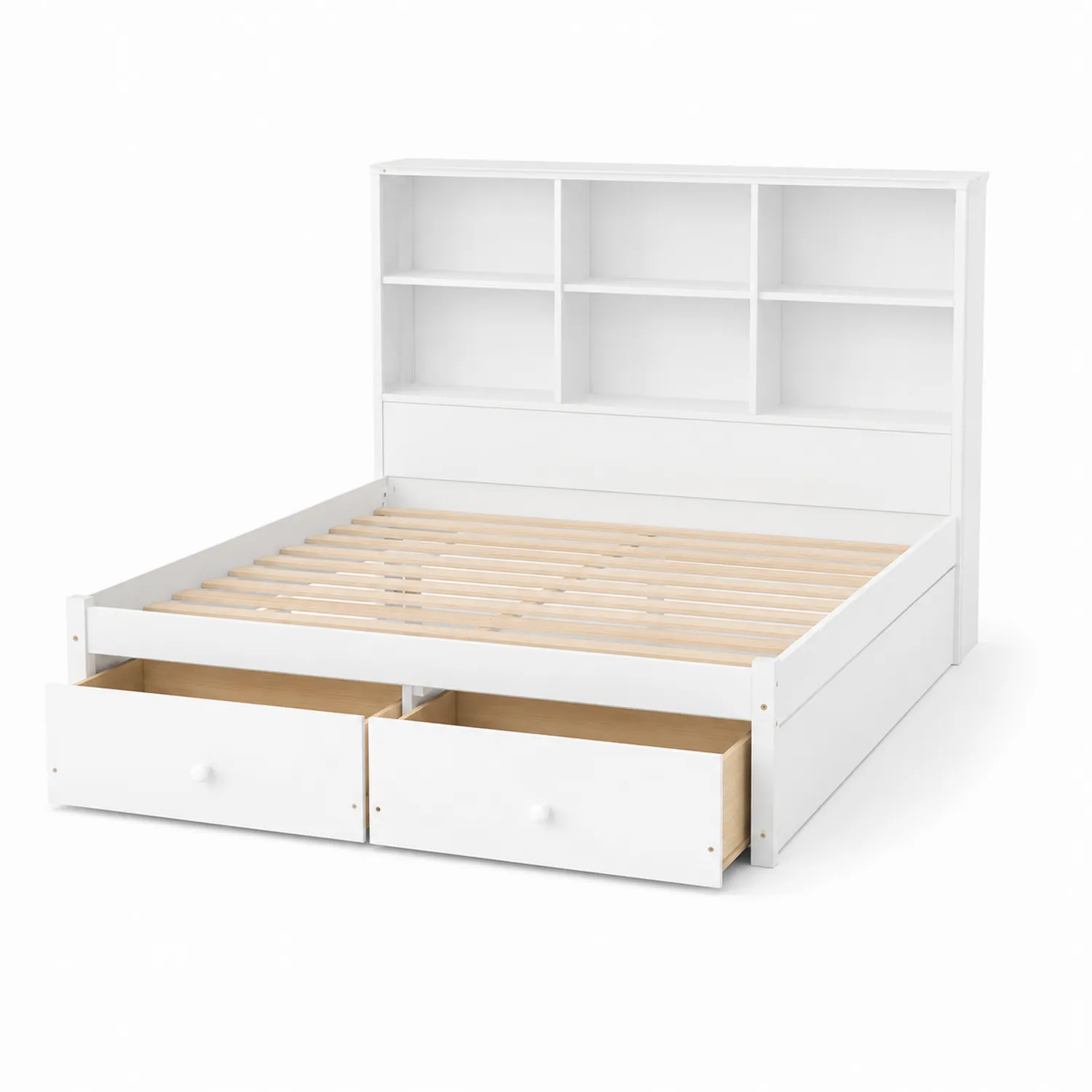 Letto contenitore in legno bianco con cassetti e testiera a scaffali-elvexium