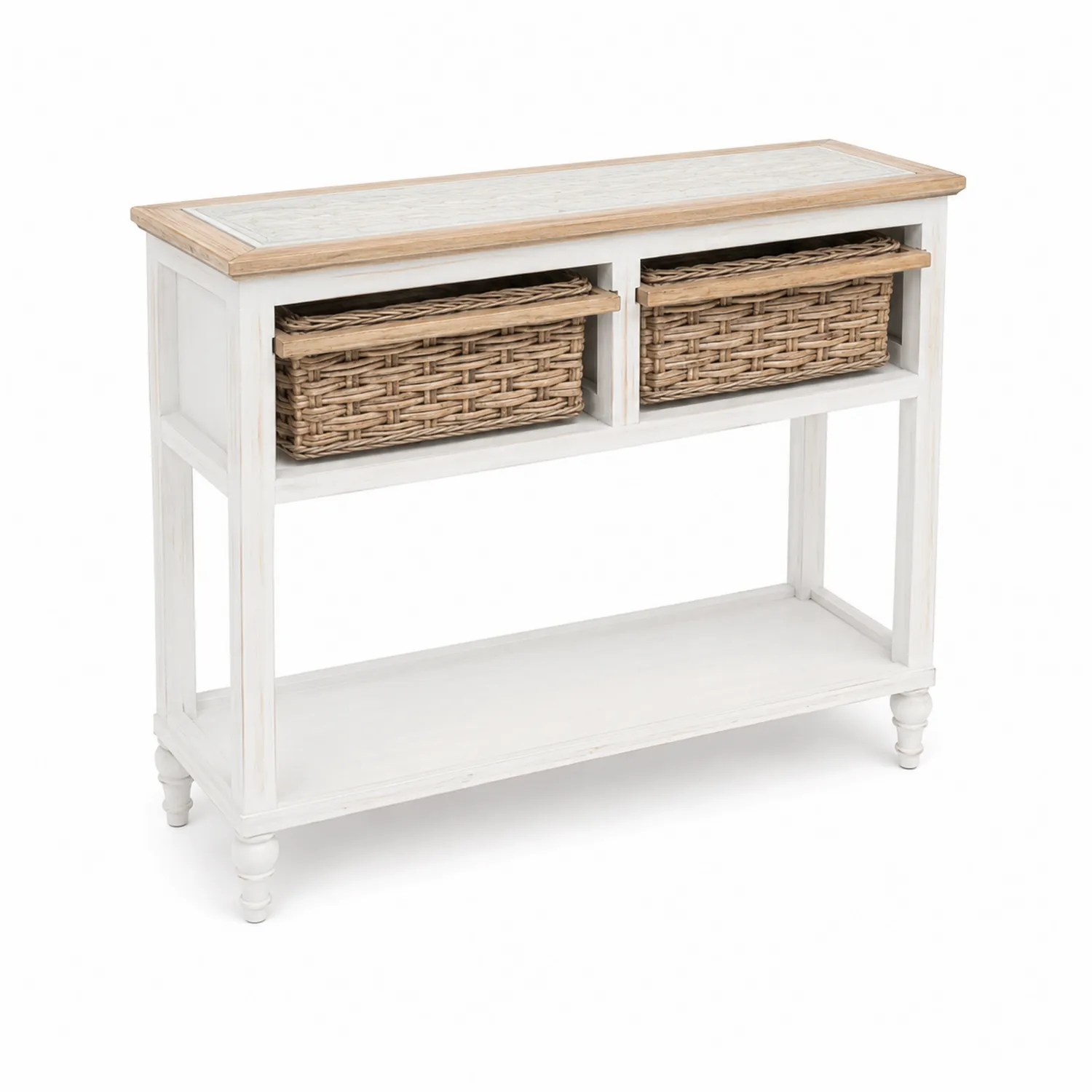 Consolle in Legno con Ceste in Vimini Bianco 90x30x75 cm-elvexium