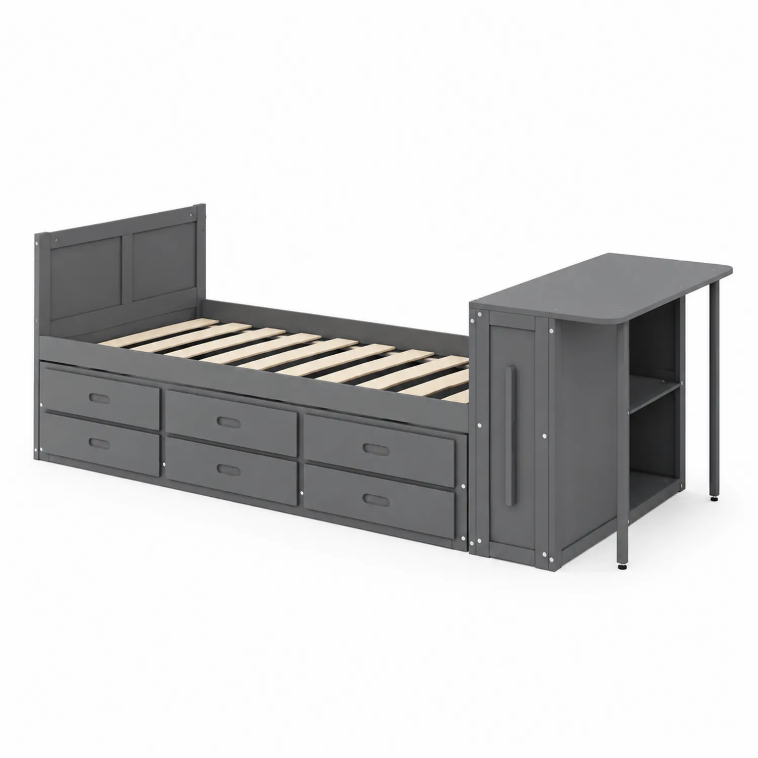 Letto Singolo in Legno con Cassetti e Scrivania Rimovibile Grigio-elvexium