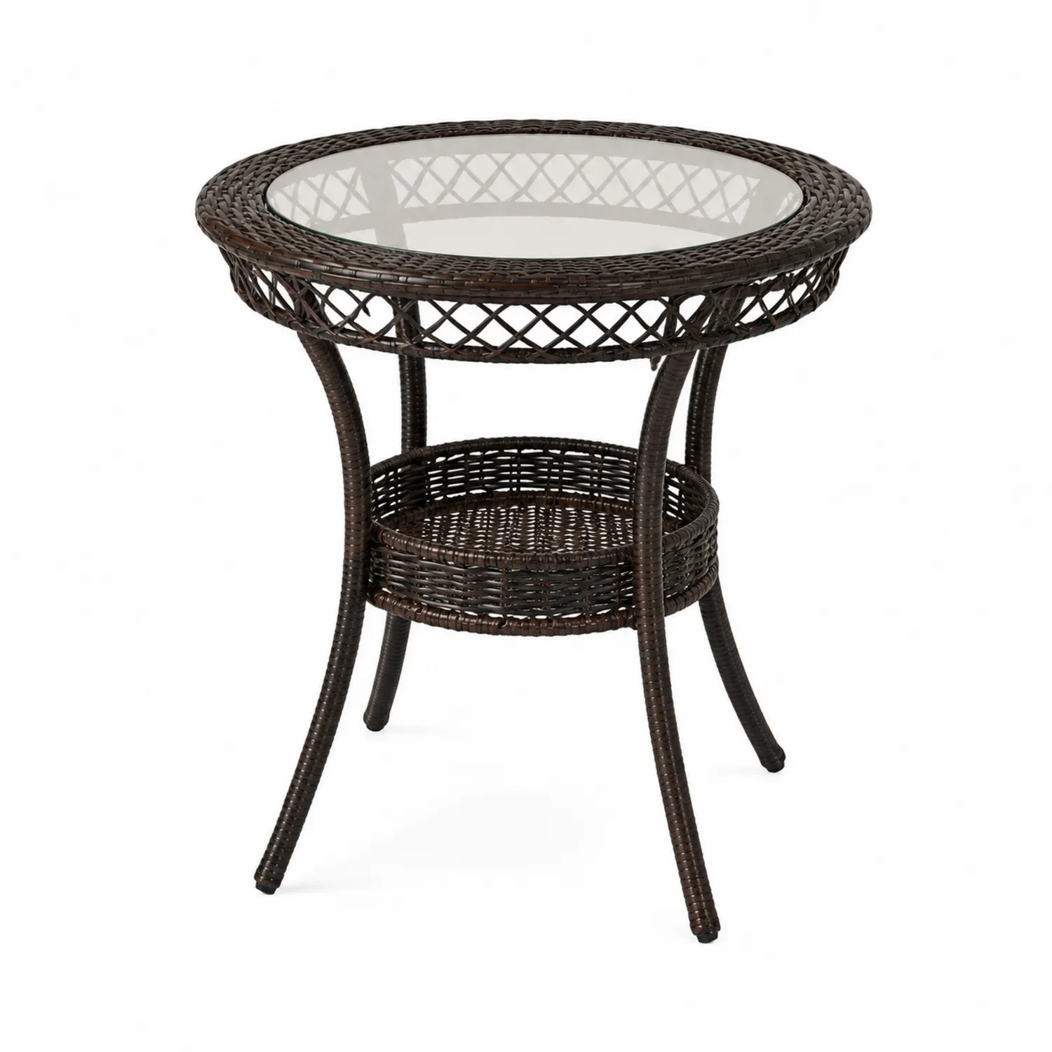 Tavolino Rotondo in Rattan e Vetro Temperato Marrone-elvexium