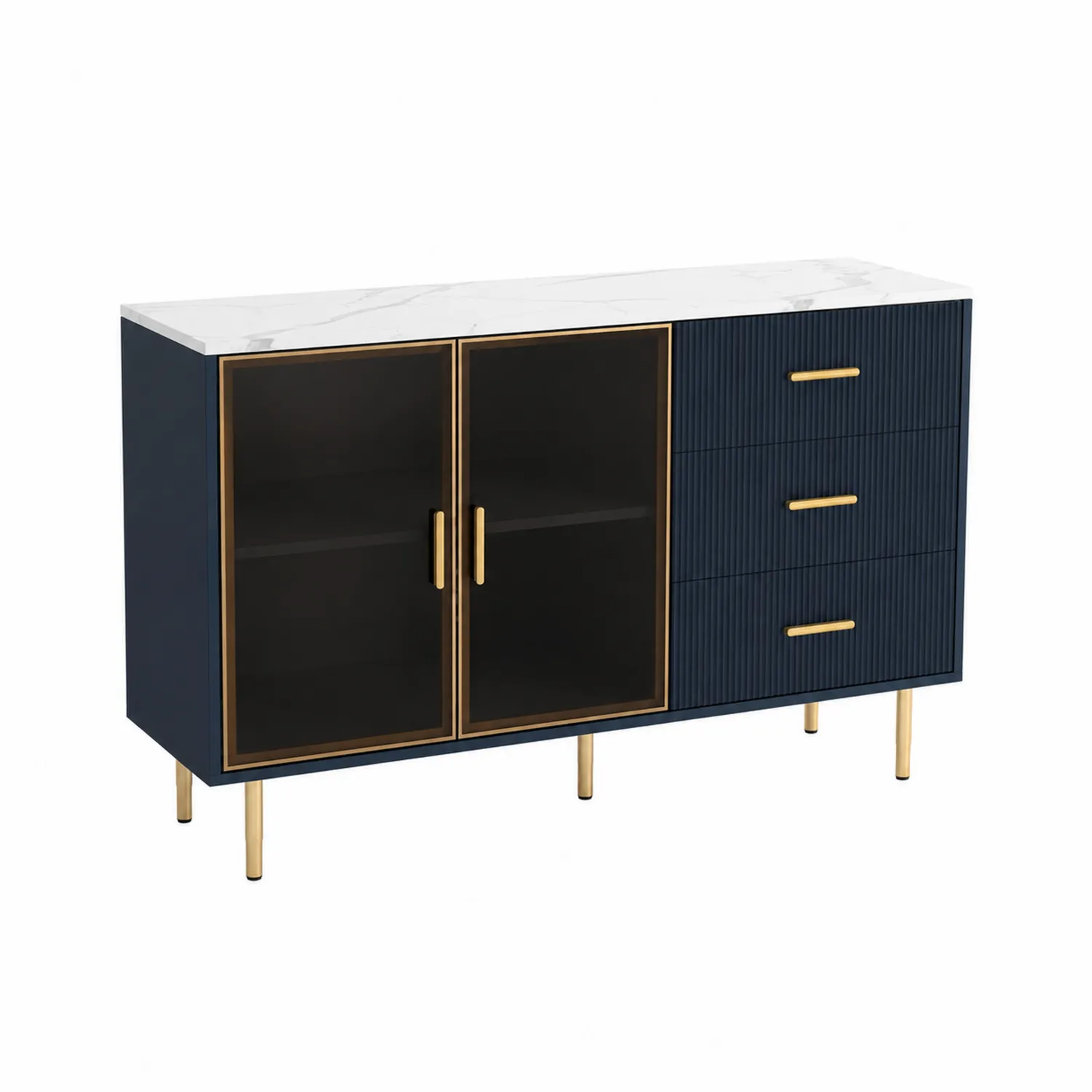 Credenza in Legno e Vetro con Marmo Bianco 120x40x85 cm Blu e Oro-elvexium
