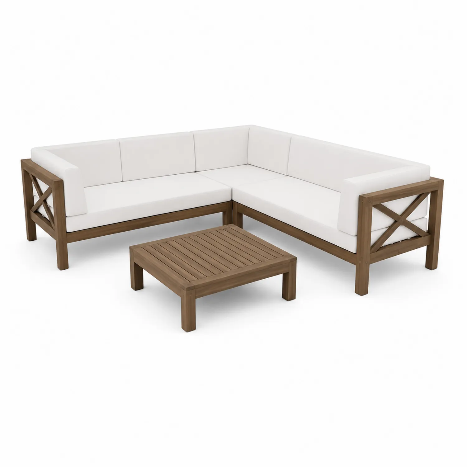 Set divano angolare in legno con tavolino e cuscini bianchi-elvexium