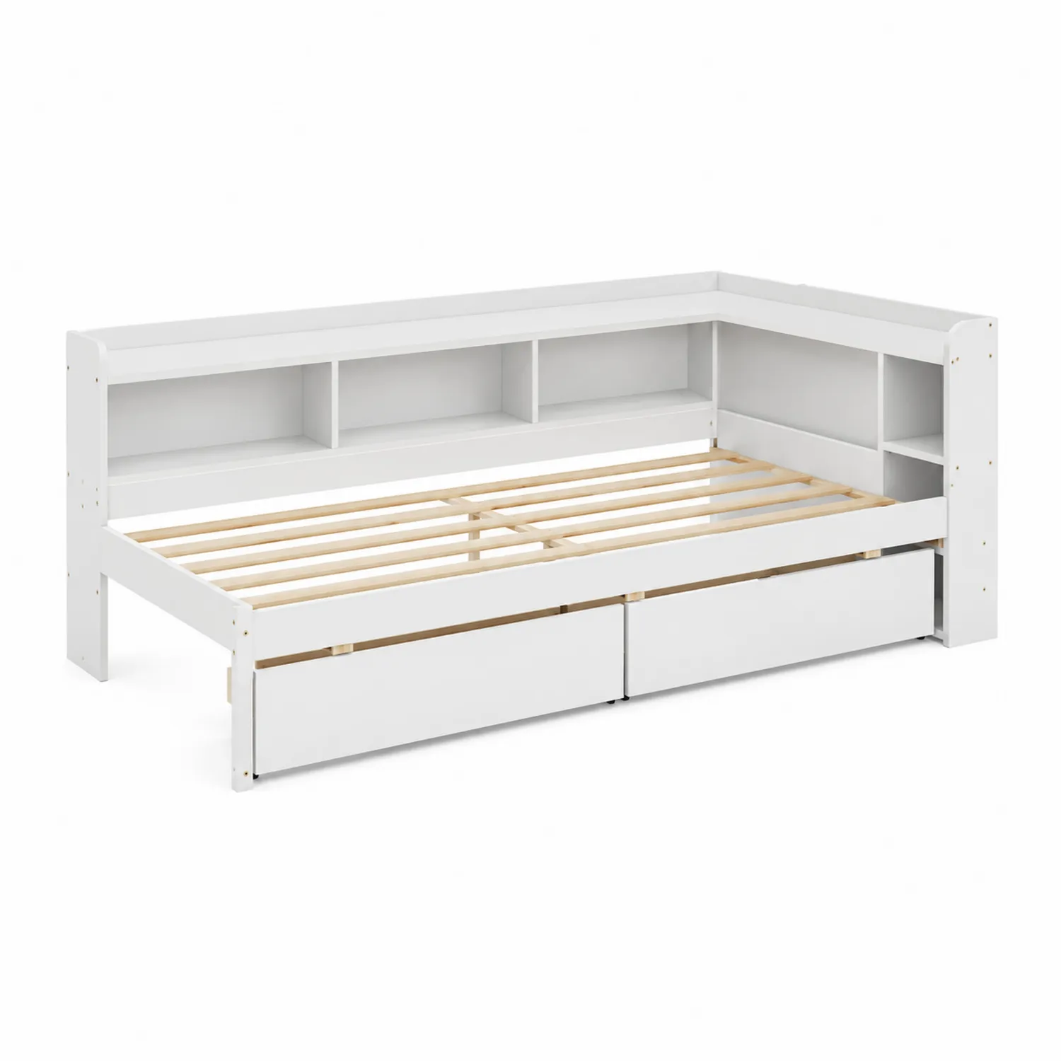 Letto da giorno in legno con cassetti e mensole, Bianco-elvexium