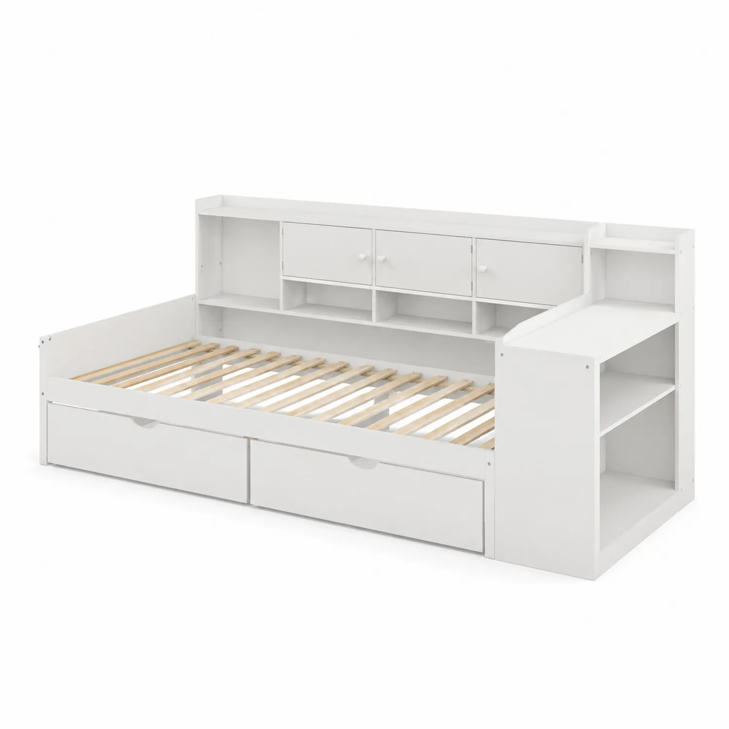 Letto in legno bianco con scaffale integrato e cassetti-elvexium