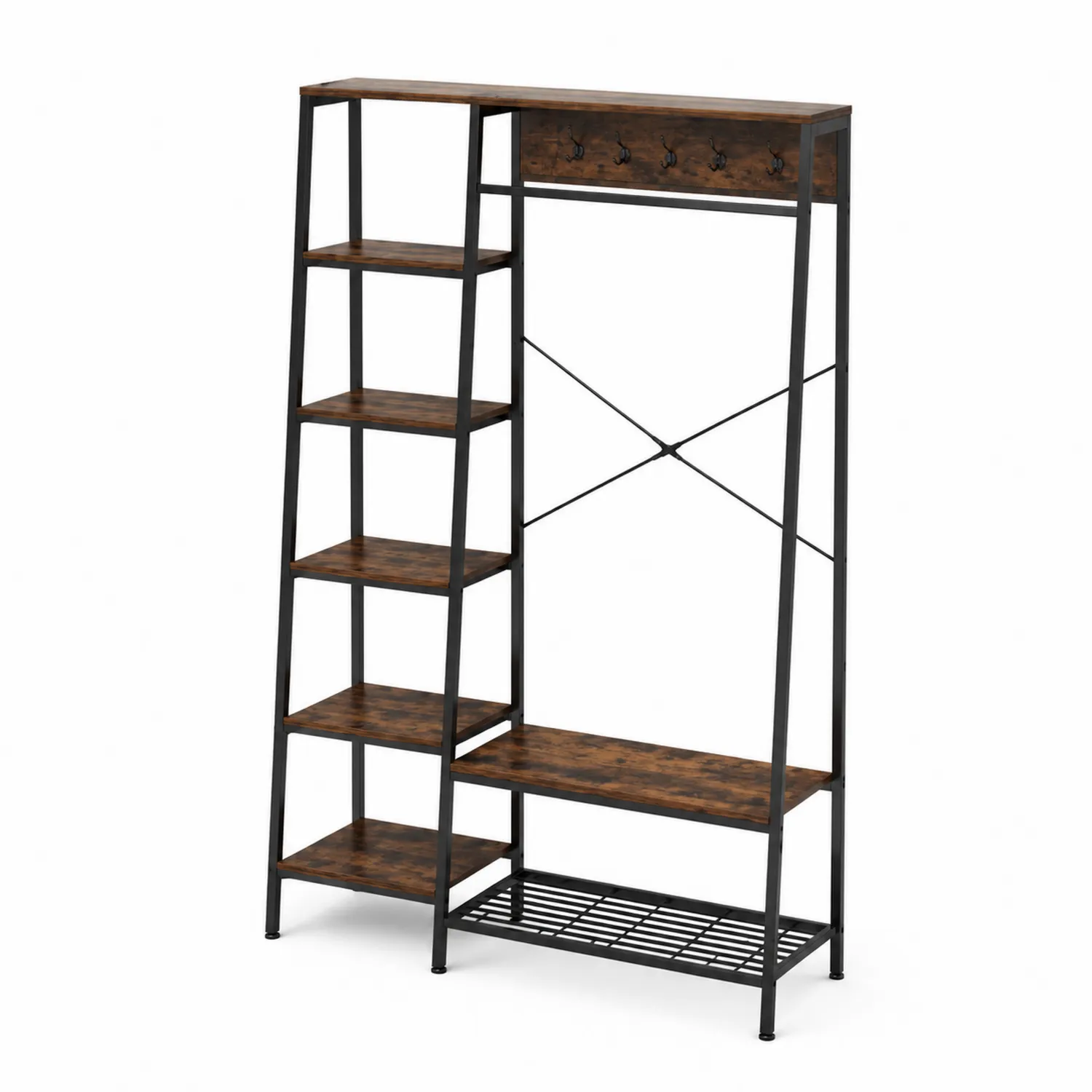 Appendiabiti in Legno ingegnerizzato e Acciaio con Ripiani, 183x120x40cm, Marrone/Nero-elvexium