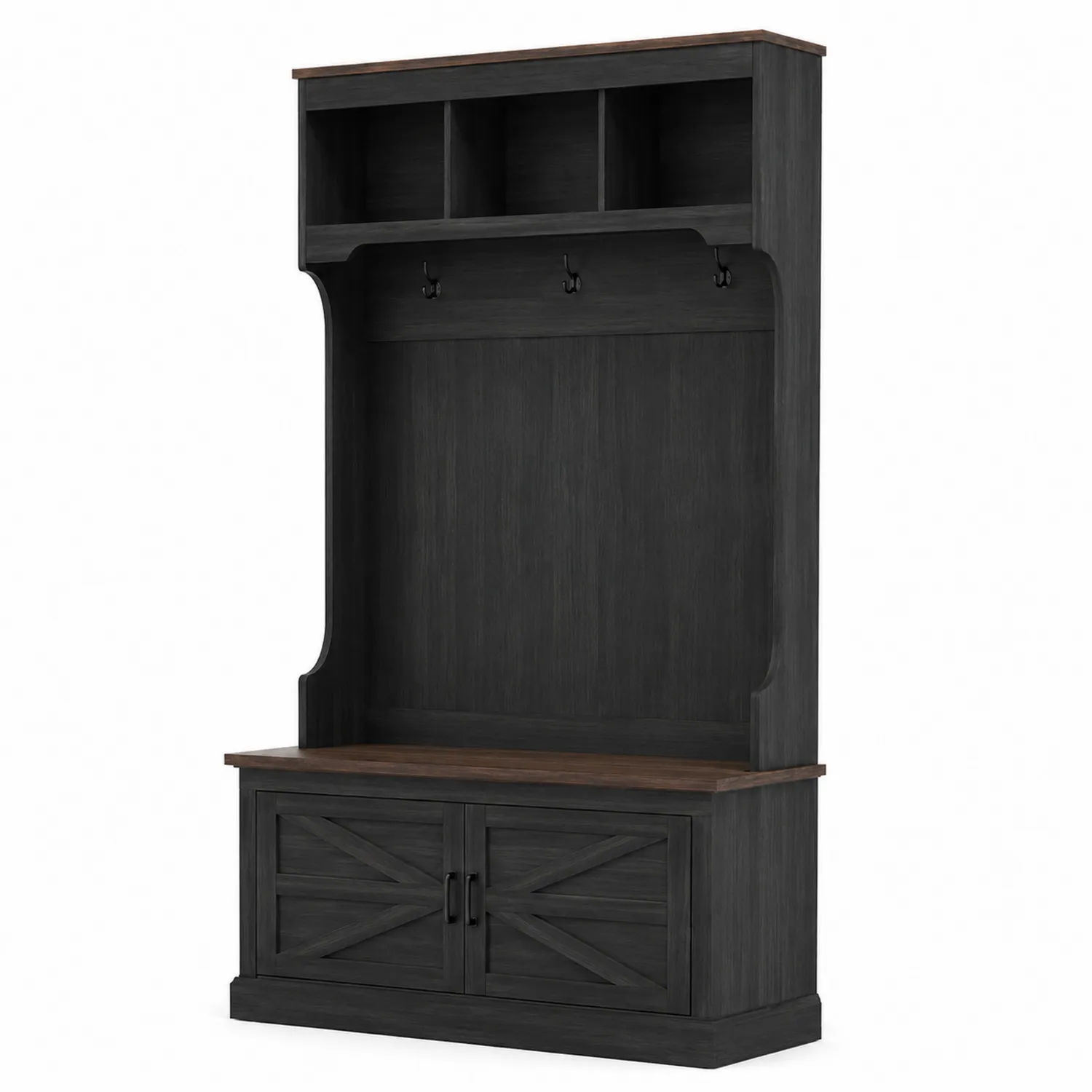 Unità ingresso in legno MDF nero con mensole e appendiabiti-elvexium
