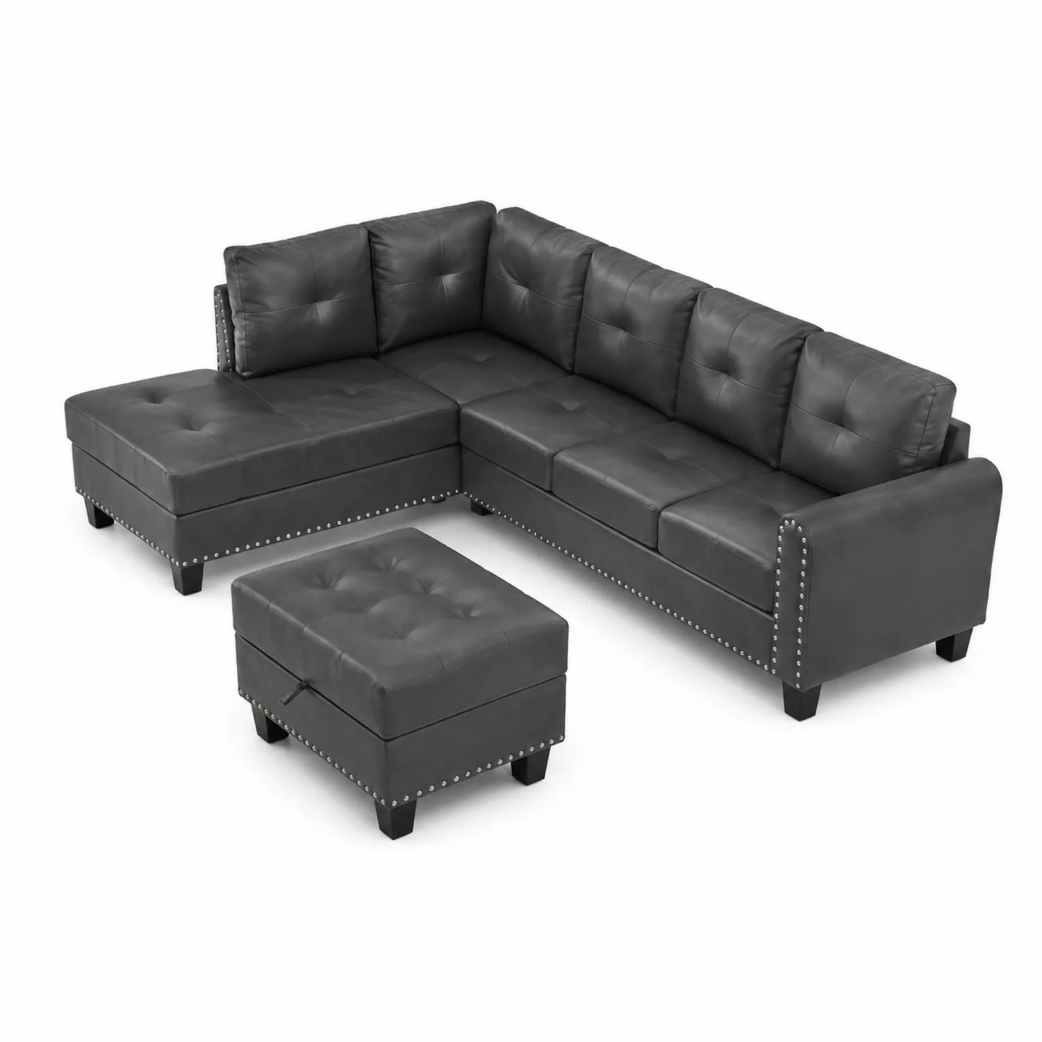 Divano Angolare in Pelle Sintetica con Pouf e Borchie, Grigio Antracite-elvexium
