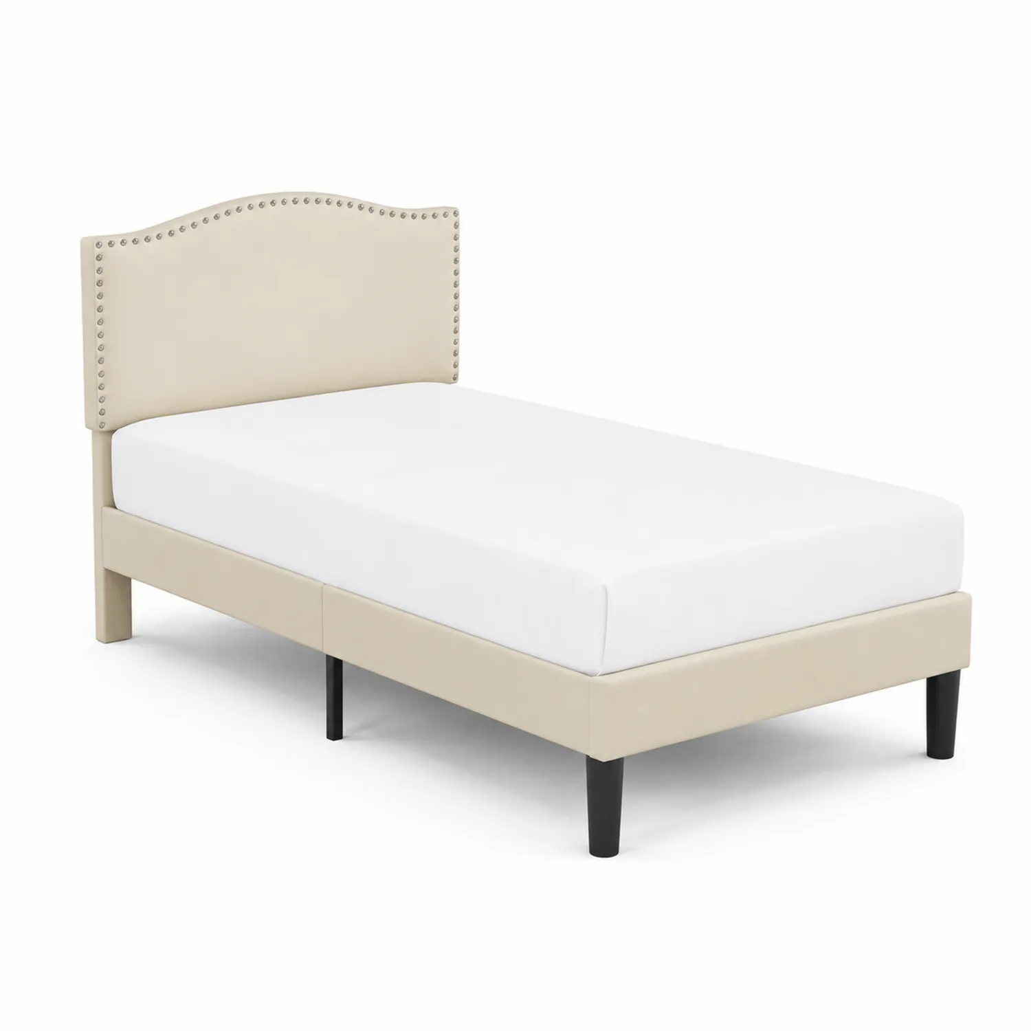 Letto Singolo in Legno con Rivestimento in Pelle Sintetica Beige