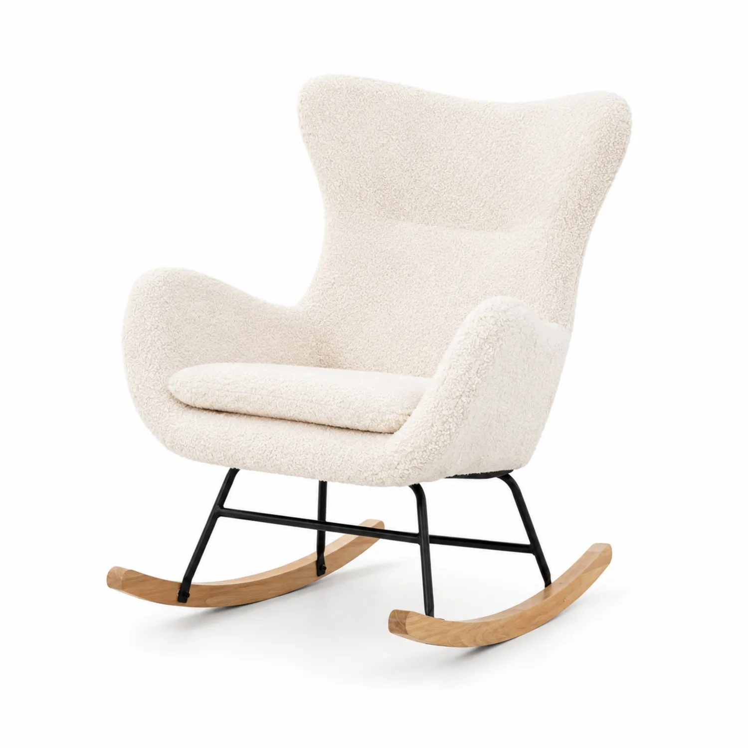 Sedia a Dondolo in Metallo e Legno con Tessuto Bouclé Crema