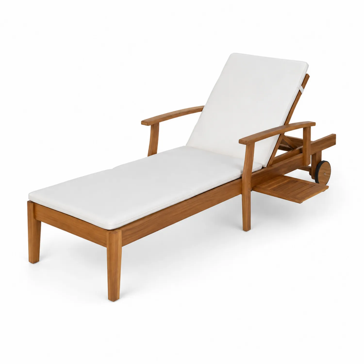 Lettino da Giardino in Legno di Teak con Cuscino in Poliestere Bianco