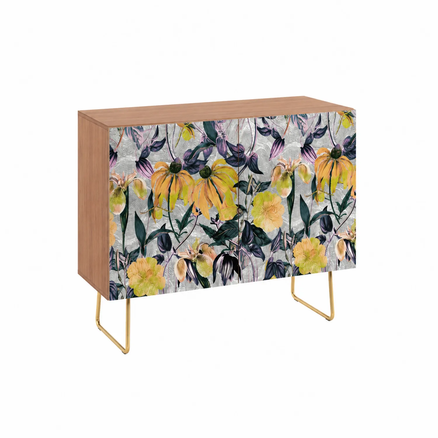 Credenza in legno MDF con decorazione floreale e gambe in metallo 90x40x85 cm