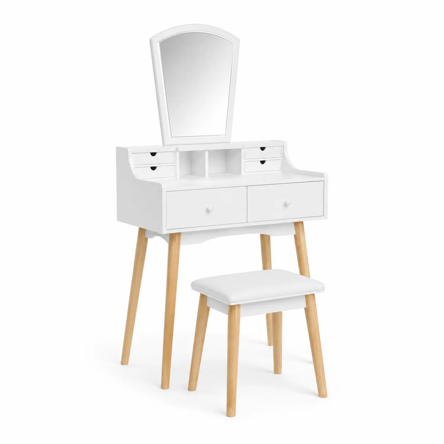 Toeletta in MDF e legno di pino con specchio e sgabello, Bianco/Naturale