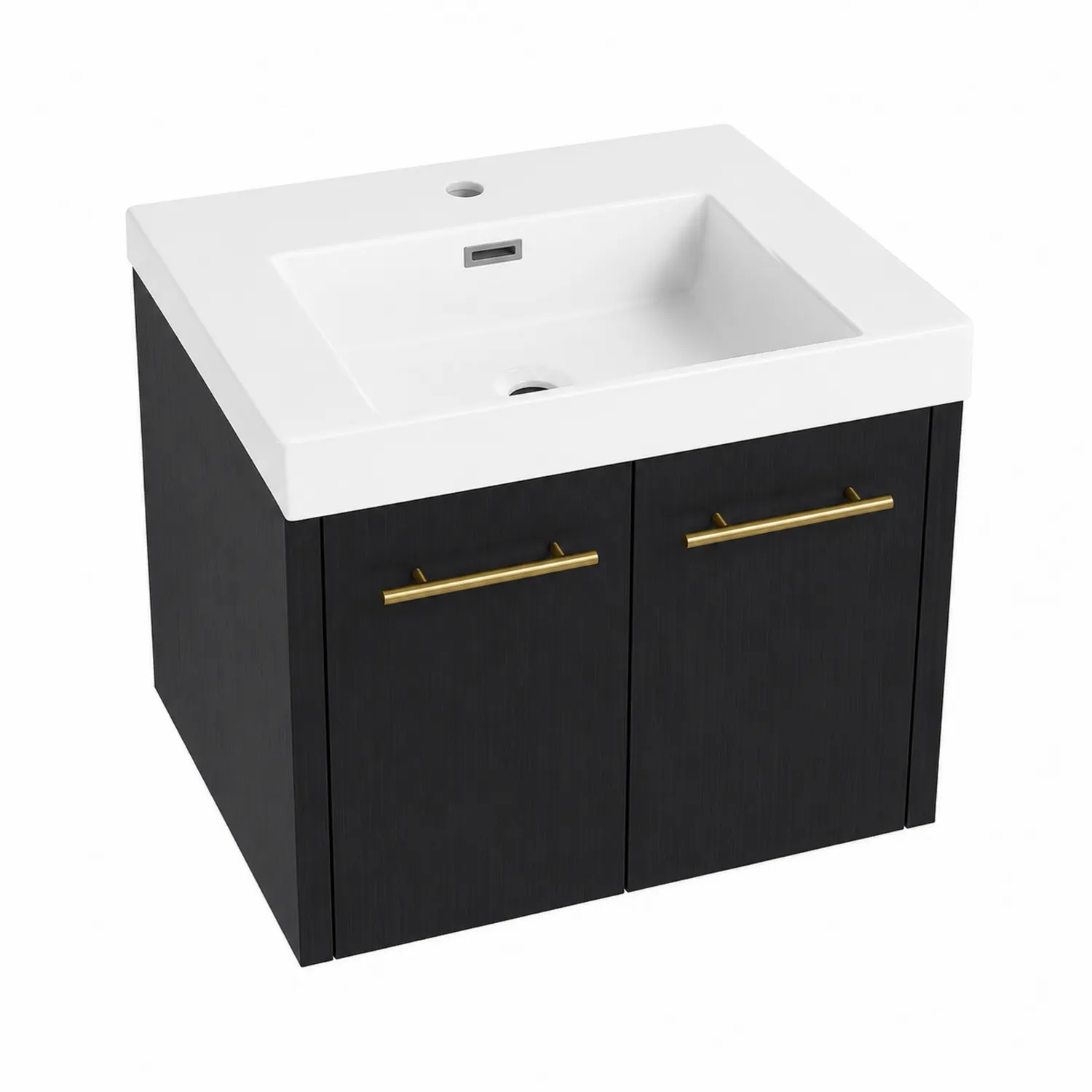 Mobile sottolavabo in legno nero con lavabo in ceramica bianca