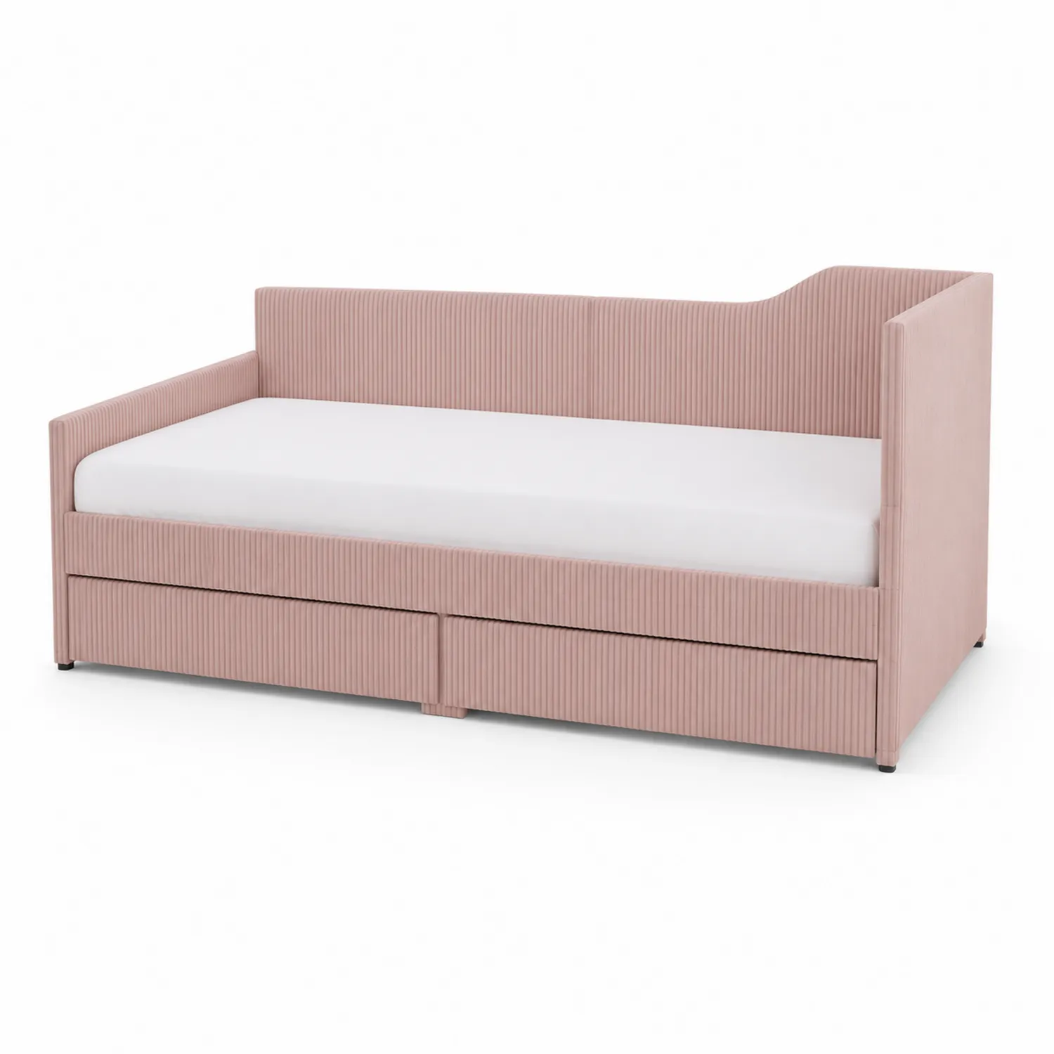 Letto da giorno in legno e velluto a righe rosa con cassetti