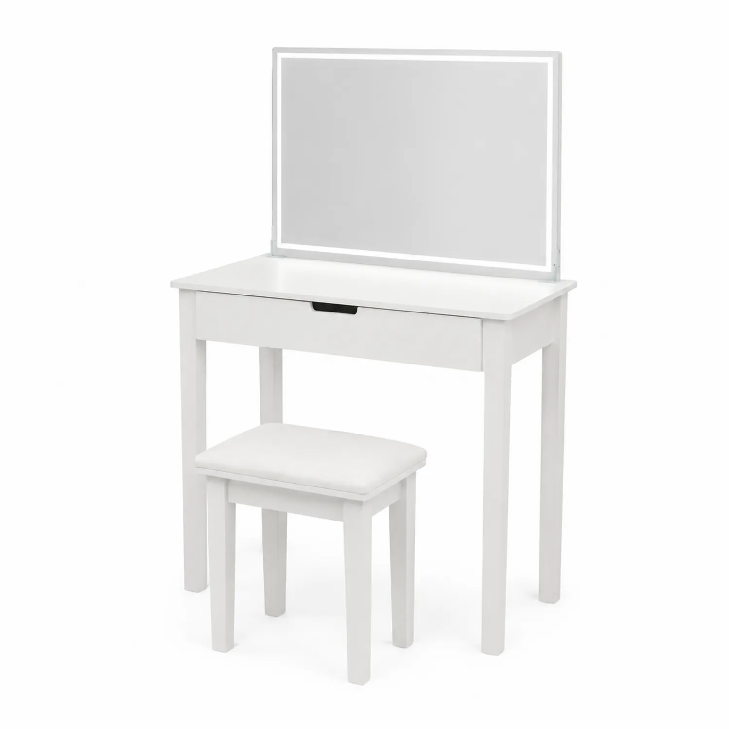 Toeletta in MDF con Specchio LED e Sgabello Bianco